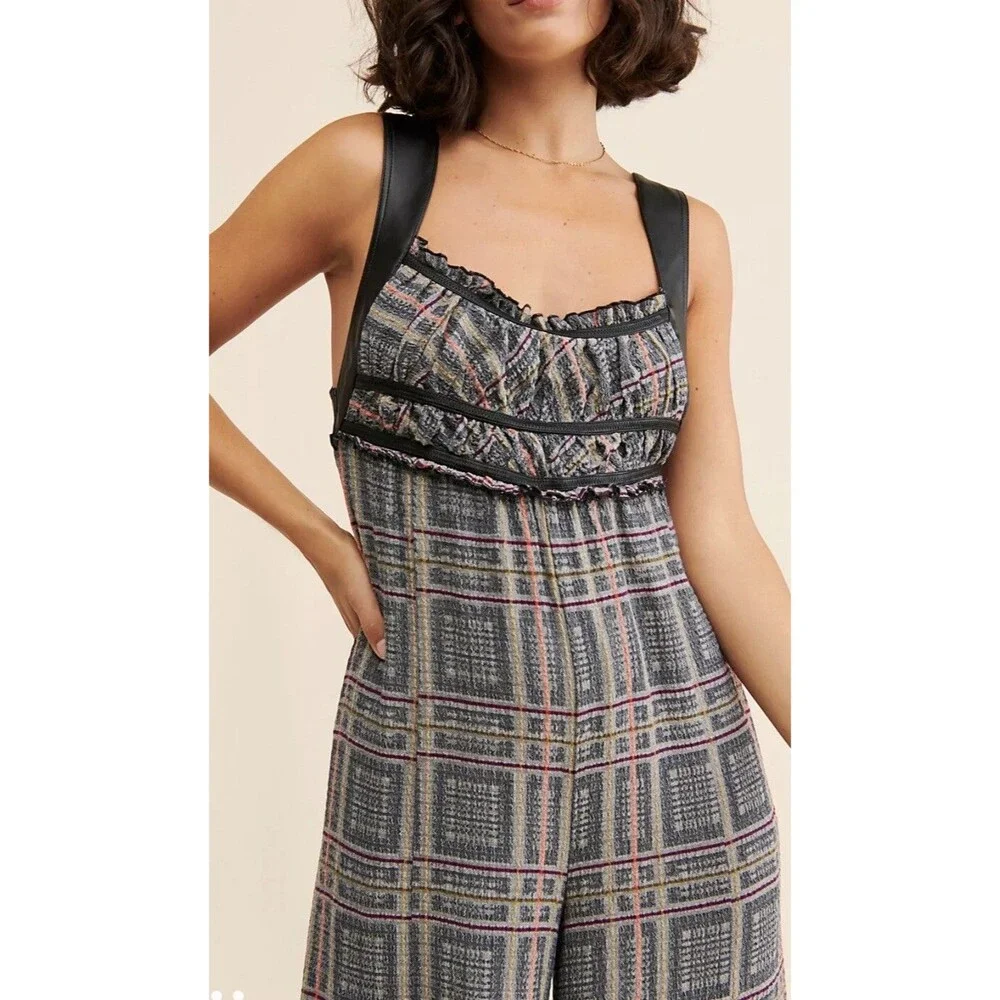 Free People Jumpsuit Marley Gray Plaid Leather Strap Boho Preppy Size XS NWT